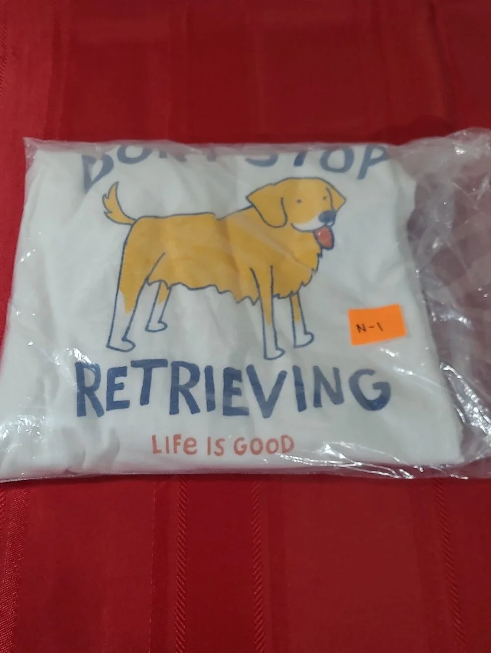Life Is Good White Tee with Yellow Retriever Graphic, Dog Print